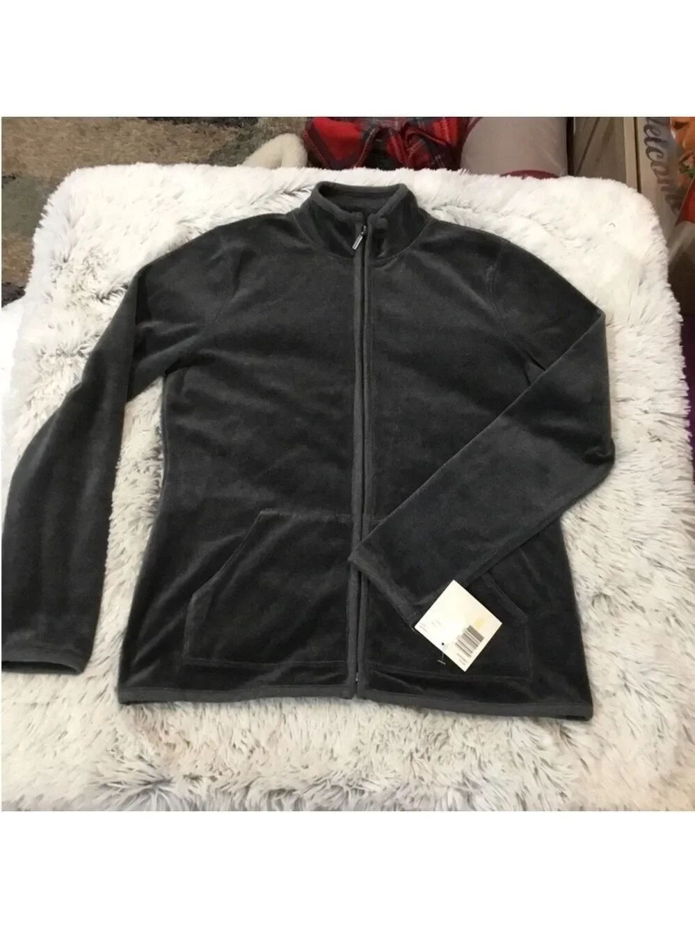 Liz Claiborne Woman’s medium full zip jacket high neck dark gray velour